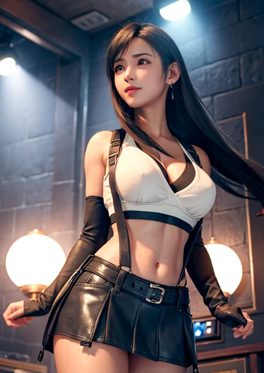 (Reality: 1.4), top quality, Very delicate and beautiful, high resolution, 1 Girl, Tifa_Lockhart, whole body,Smile, Cowboy shooting,Dance, Suspenders, Low level, mini skirt, Vest, Tight shirt, Black Hair, Long hair, Elbow gloves, Beautiful and delicate red eyes, Surface light, Movie Lighting, navel, High exposure, Abdominal exposure, rib cage, Abdominal muscles, ( : 1.2), (Huge sagging breasts、Cleavage,))，cleveage、, Thick thighs,Perfect body,Dynamic poses, Dynamic Angle,view from below,Lift the skirt in your hand