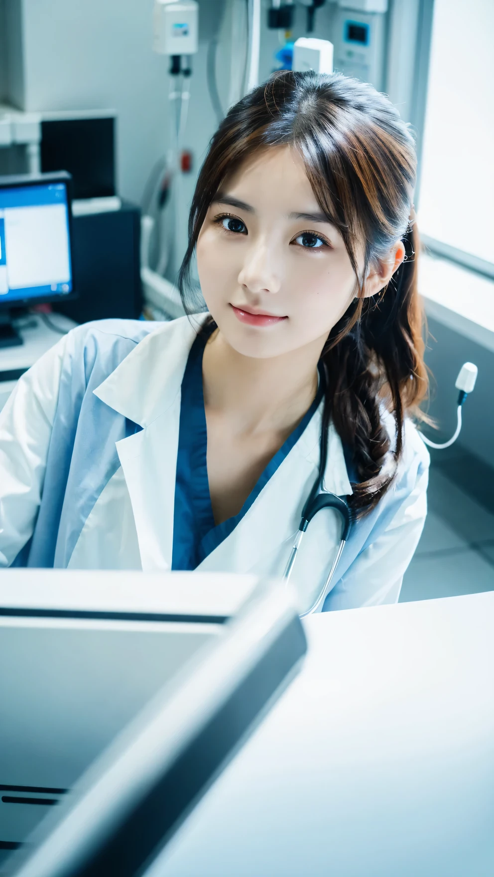 (Raw photo, highest quality), (8K, highest quality, masterpiece: 1.2), Super detailed, super resolution, beautiful girl, working at hospital, Pov.