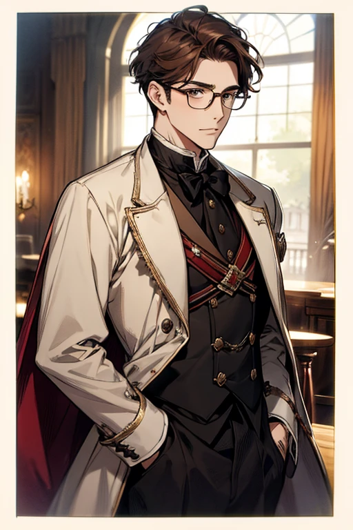 A man with brown hair and round-rimmed glasses, wearing a 1900's black tailcoat outfit.