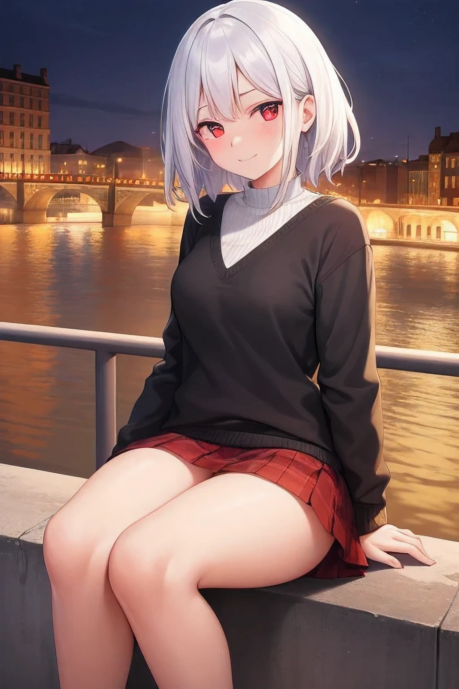 1girl, teens, white hair, forehead, glowing red eyes, squinting, naughty smile, closed mouth, sweater, loose, short skirt, shiny skin, (looking at viewer), (feet out of frame), bridge, sit on bridge, scenery, night, ((best quality)), ((Perfect anatomy)), ((Perfect face))