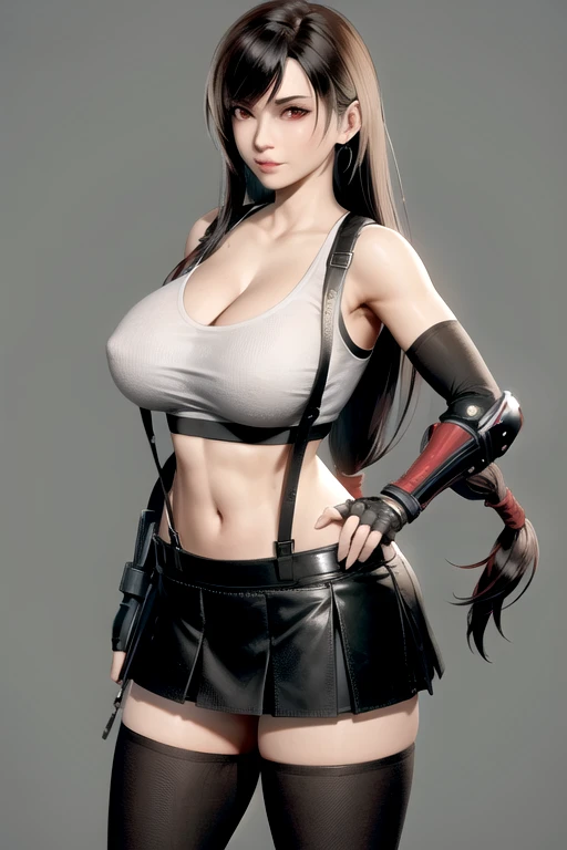 game_Tifalok Heart_Aiwaifu,Aiwaifu,Suspenders,tifa lockhart,crop top,elbow Gloves,fingerless Gloves,Gloves,Long hair,Vest,Black Hair,diaphragm,black skirt,skirt,low-tied Long hair,suspender skirt,High Leg Raise,black High Leg Raise,earrings,jewelry,black Gloves,Large Breasts(Huge sagging breasts、Cleavage,))，cleveage、, thigh粗壮,Perfect body,,miniskirt,good exercise,Absolutely great opportunity,Bare shoulders,Red Eyes,navel,shirt,Elbow pads,white Vest,Lips,Brown eyes,adjustment of clothes,adjusting Gloves,Tight clothes,belt,chain,clavicle,shorts,Stomach,thigh,Arm Guard,black Pantyhose,Pantyhose,pleated skirt,very Long hair,masterpiece,best quality,Super detailed, high resolution,incredible_absurd,8k, Perfect lighting,Very detailed,landscape,posture,direct,Solitary,Looking at the audience,  