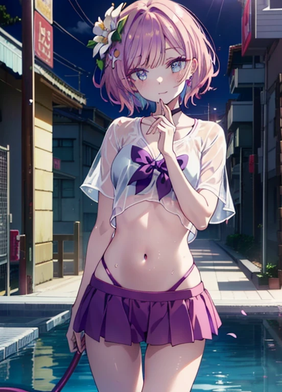 Momodeviluke, Deviluke type, demon tail, hair flower, hair ornaments, (purple eyes:1.1), pink hair, short hair, tail, smile,happy smile, smile, open your mouth,
break demon tail, green , school swimwear,wet hair,wet skin,barefoot,noon,Clear skies,
break ourdoors, School pool,
break looking at viewer, (cowboy shot:1.5),
break (masterpiece:1.2), highest quality, High resolution, unity 8k wallpaper, (figure:0.8), (beautiful detailed eyes:1.6), extremely detailed face, perfect lighting, extremely detailed CG, (perfect hands, perfect anatomy),