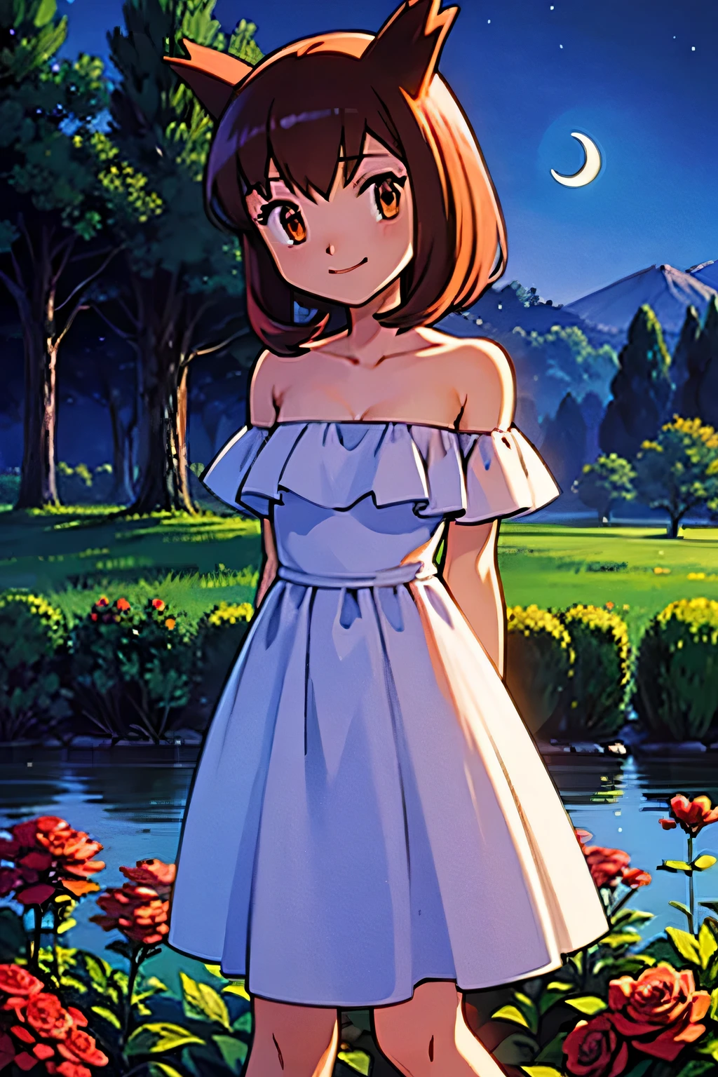 masterpiece, best quality, ultra-detailed, illustration, beautiful detailed eyes, very detailed illustration, cinematic lighting, 1 girl, solo, Pokemon Heroes (Bianca), Brown Hair, brown eyes, bare shoulders, strapless, off shoulders, white ruffle off the shoulder maxi dress, intricate details, sharp focus, high resolution, the background of beautiful garden with rose bushes, on a beautiful night, crescent moon, smile, standing near a lake, arms behind back, anime style, ultra-detailed, hdr, far at the bottom, in the center, Close up
