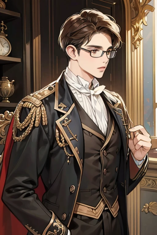 A man with brown hair and round-rimmed glasses, wearing a 1900's black tailcoat outfit.