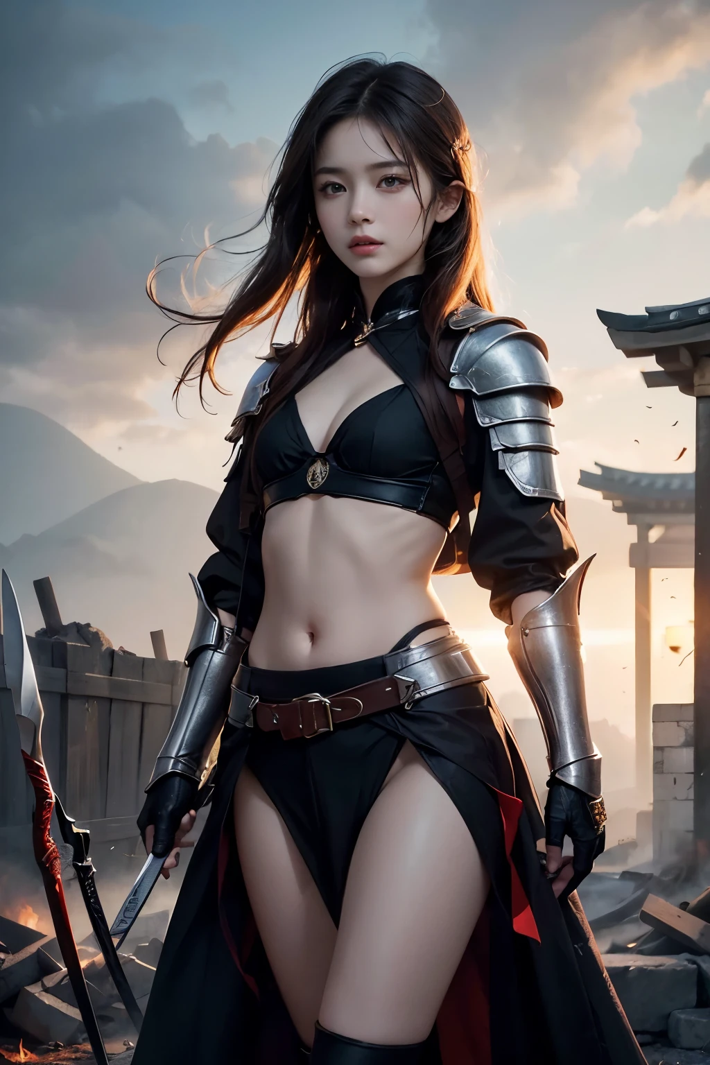 (Positive focus),(in the darkness nigth:1),(best qualtiy),(Fidelity:1),filmposter,realistic skin textures,highly detailed,16k wallpaper,Volumetriclighting,Dynamic Lighting,cabelos preto e longos,horse tailed,Black Metal Armor,Hand Guard,Wear a veil,Hold the long sword in front of you,Ancient korean wind,Fighting posture,Lots of blood,face with blood stains,Broken clothes,Ancient korean Battlefield,A group of ancient soldiers chased and killed,Arrows fly,the night,Dramatic composition,Sword qi surrounding,The picture is rich in detail,karo,Movie Lighting,(jiayi:1.5), closeup cleavage, tmasterpiece, best qualtiy, RAW photogr, realisticlying, the face, Incredibly Ridiculous res, depth of fields, A high resolution, ultra - detailed, finedetail,Extremely detailed eyes and face, Sharp pupils, realistic pupil, Joan of Arc at 15,tack sharp focus, cinmatic lighting,The shoulders have exposed skin,The belly button is exposed,The thighs of the legs are exposed,Sniper,A sharp eye as a sniper,A tomboyish beautiful girl,Her appearance is that of a peerless beauty.,Thin and lean body type,skinny,Small Bust,Flat Chest,Small breasts,Small waist,Thin pelvis,Thin legs,Thin legs,,small hip,Morning sun and strong sunlight,City in flames,ruins,