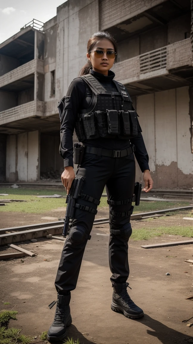 Picture taken with Sony A7RIV, realistic, 8K, Hi-Res picture, masterpiece, perfect shoot, detailed complicated background, Gorgeous twenty years old Indonesian girl, dark brown hair, busty, fair, slender, perfect modeling pose, ((wearing black tactical outfit paired with black s.w.a.t tactical vest loaded with arsenal)), sun glasses, standing on abandoned and ruined city.