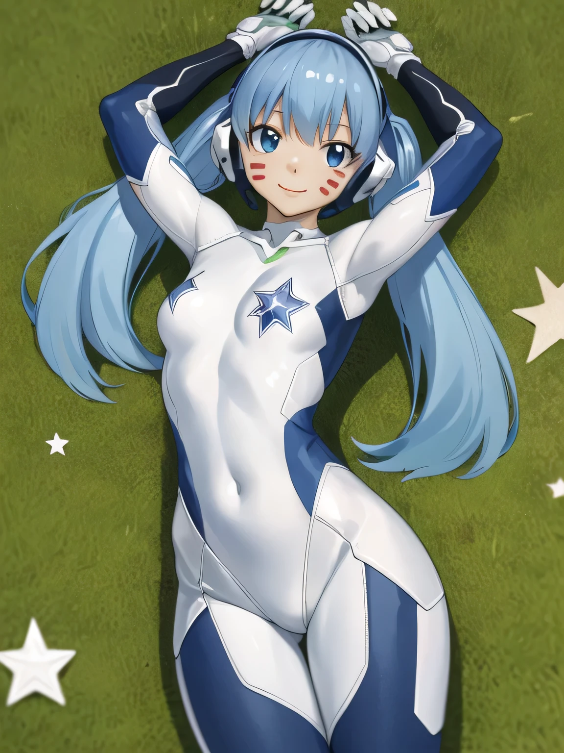 masterpiece, best quality, highres, aamio, long hair, twintails, facial mark, headphones, small breasts, white bodysuit, skin tight, gloves, lying, on back, arms up, spread arms, on grass, smile, solo, smile, solo, looking at viewer, (cowboy shot:1.5), cyberpunk, 