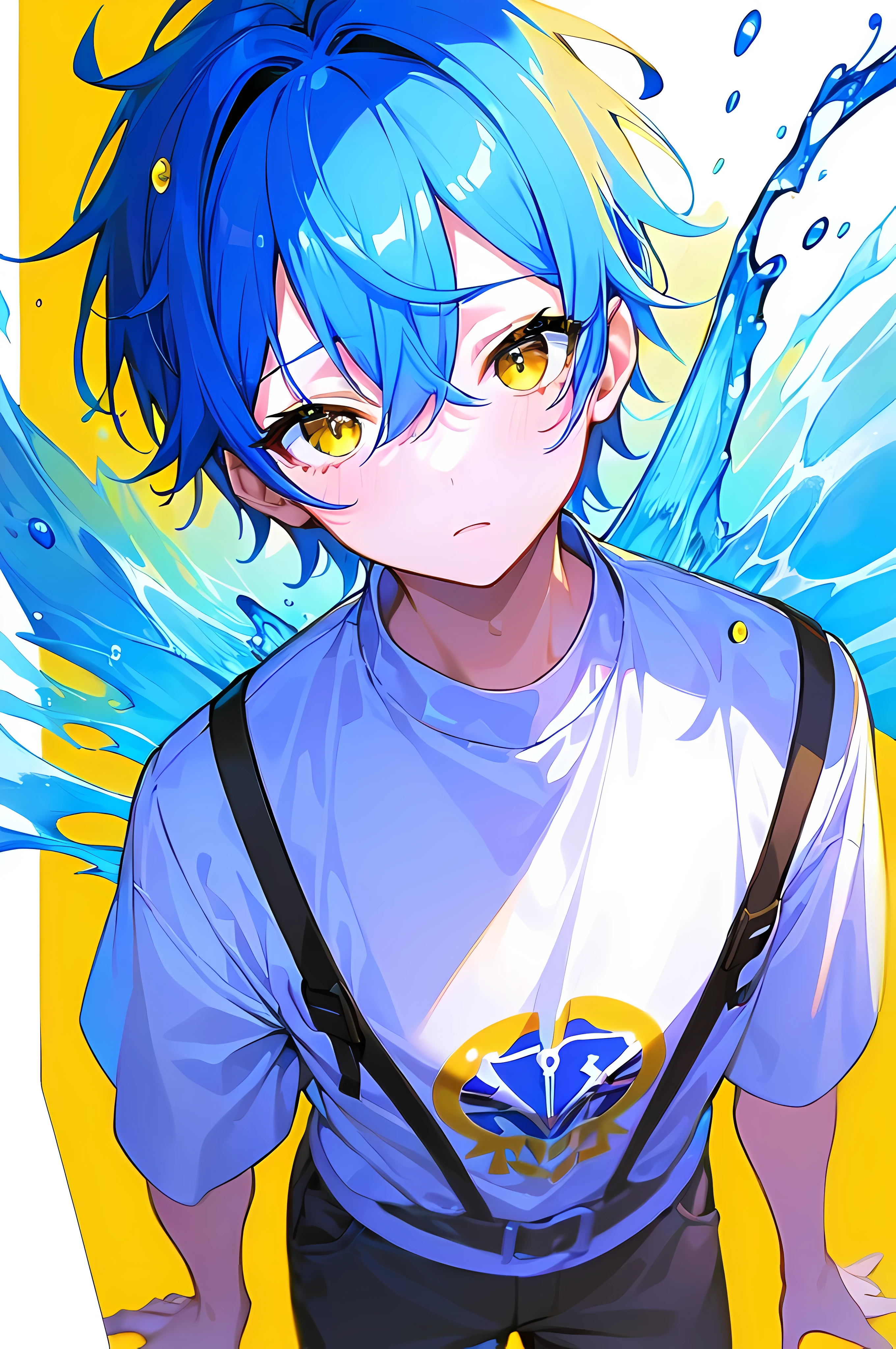 [(WHITE BACKGROUND:1.5),::5], ((((masterpiece)))), high quality, very_high_resolution, large_filesize, full color, ((younger boy)), , short deepblue hair, vivid color, ((yellow eye)), civilian clothes white, animestyle, (Soda Splash effect:1.3)