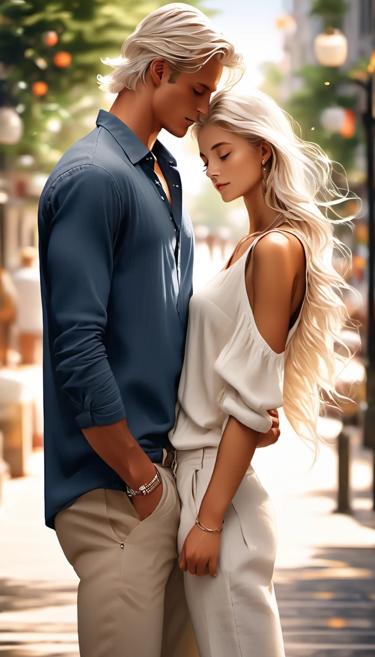tall, handsome, statuesque, masculine, athletic young man is platinum blonde, he has tanned skin, blue eyes, long straight white hair, long bangs, he is dressed in light linen trousers and a linen shirt kissing an incredibly beautiful young woman with long golden hair, long bangs, blue eyes, dressed in a light summer dress. They're in love. Romance. A masterpiece. Full-length image. Detailed drawing of the face. Masterpiece, perfect drawing, realistic drawing, full-length drawing, detailed study, 8k. full-length image, realistic image, dynamic image, detailed image. an extremely detailed illustration, a real masterpiece of the highest quality, with careful drawing. anime style.