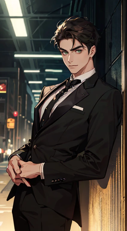 ((a young man in a black suit and tie)), taken in the early 2020s, gotham, alejandro, he looks very sophisticated, (((left side swept black short hair))), (dark green eyes and thick eyebrows), smirk. ((20 years old)), ((Black suite and black tie)), masterpiece, posture dynamic, one person, ((brown skin))