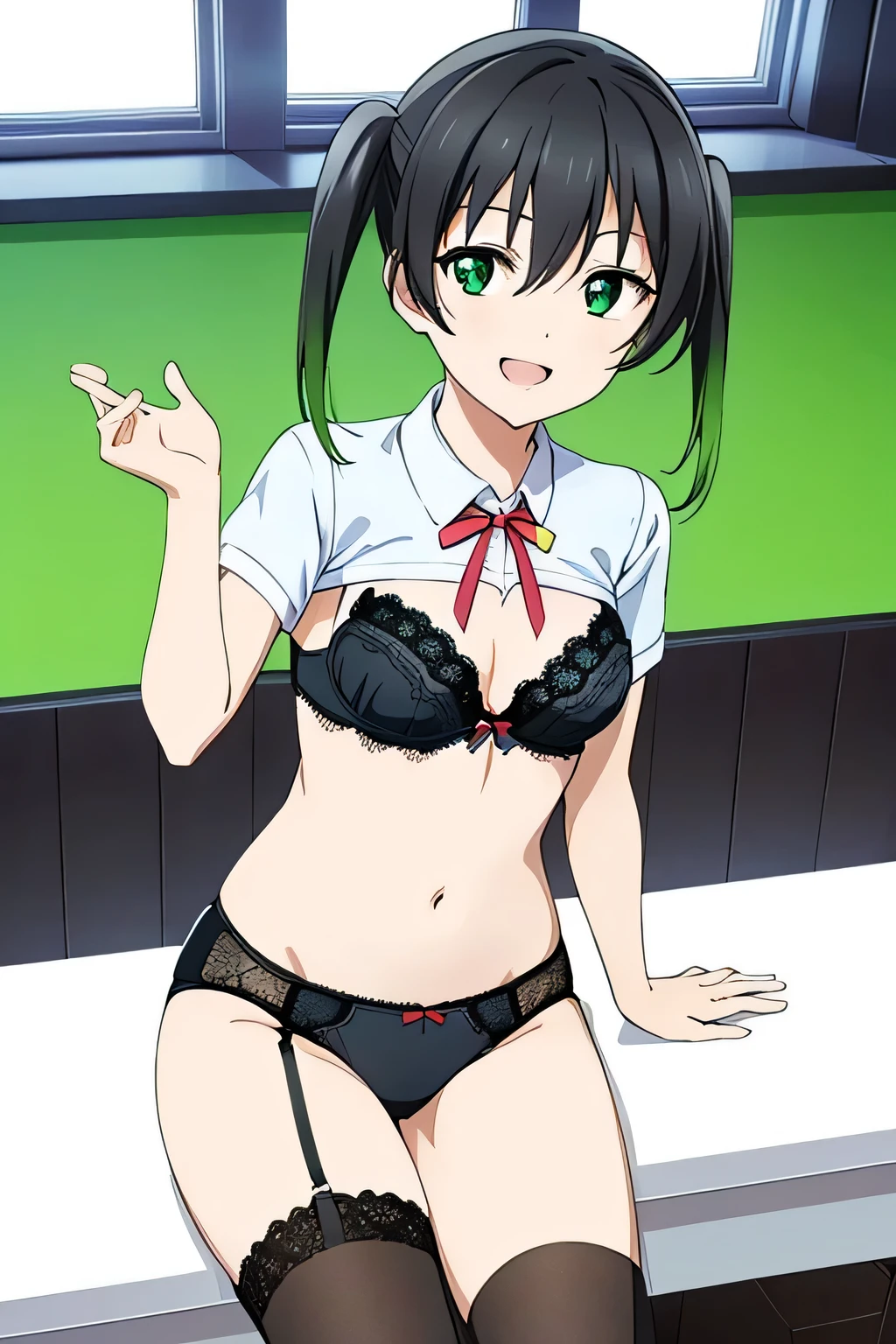 (highest quality, Tabletop:1.2),View your viewers, Are standing, smile,Open your mouth,takasaki yuu, Multicolored Hair, Green Eyes, Twin tails, Black Hair,Hair between the eyes,((bra)),((Lace Underwear)),locker room,Normal chest,