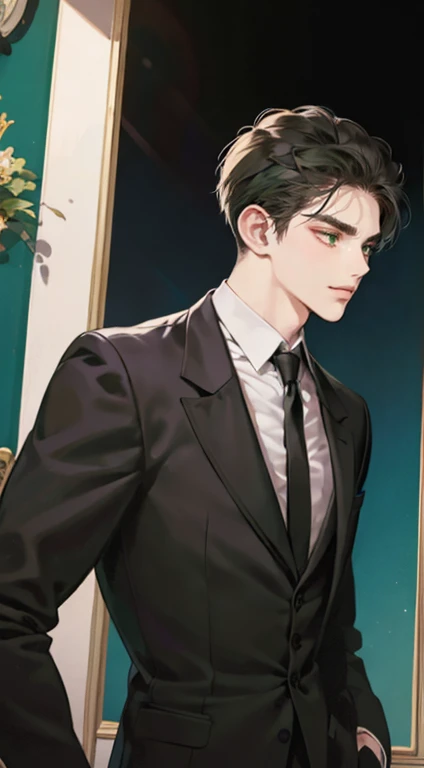 ((a young man in a black suit and tie)), taken in the early 2020s, gotham, alejandro, he looks very sophisticated, (((left side swept black short hair))), (dark green eyes and thick eyebrows), smirk. ((20 years old)), ((Black suite and black tie)), masterpiece, posture dynamic, one person, ((brown skin))