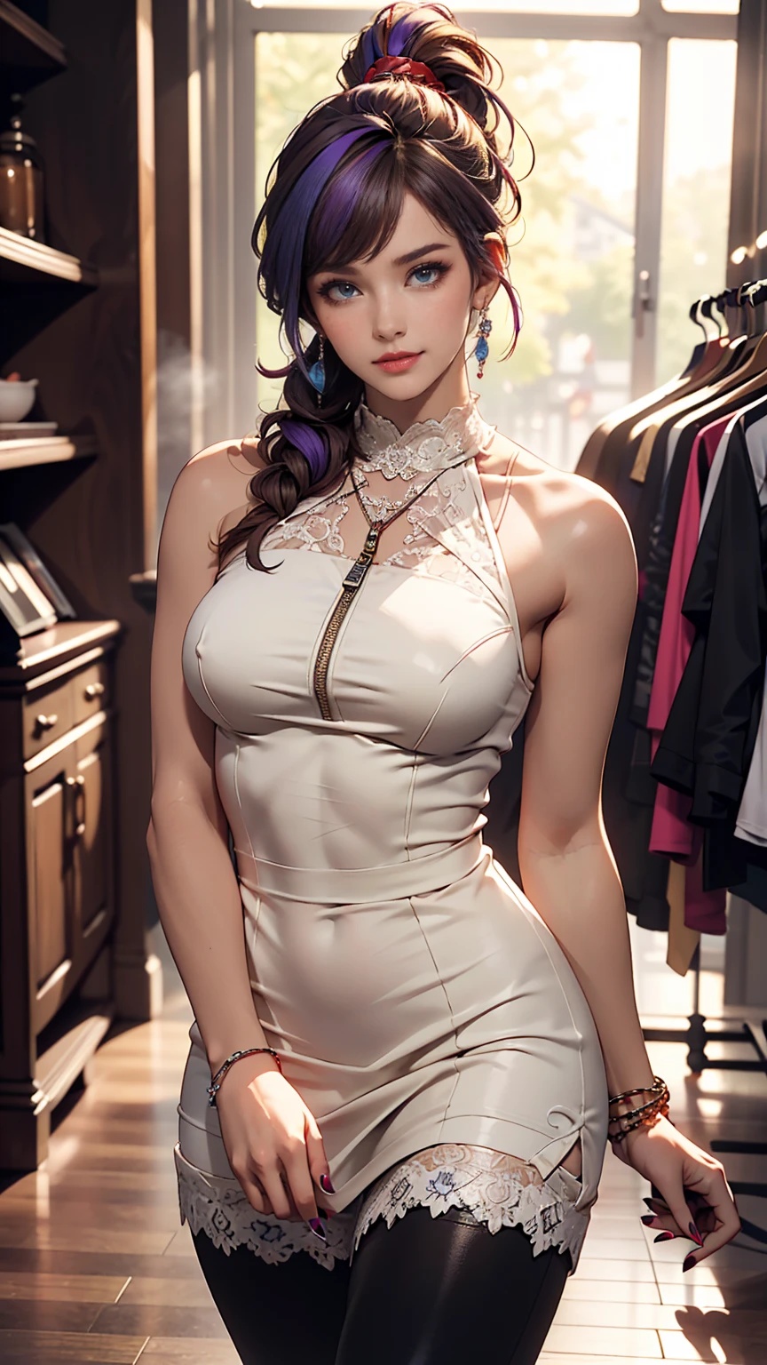 ((最high quality, 8K, masterpiece: 1.3, Ultra HD, high quality, 最high quality, High resolution, realism)) 、A 22-year-old extremely beautiful white woman、Body shape like a fashion model、Hair color blonde、blue eyeedium Hair、Straight Hair、smile、Background blur((depth of field))、Aerial perspective((atmospheric perspective))、I want my head to stay off screen、Put an anklet on your ankle、Wearing red nail polish、I have a peticure、Fashion model body type、purple inner color((colored inner hair))、Split Ponytail((split ponytail))、Wear a high-neck zipper-up dress、Large chest、Narrow waist、Wear leggings、Wear high heels、lace decoration