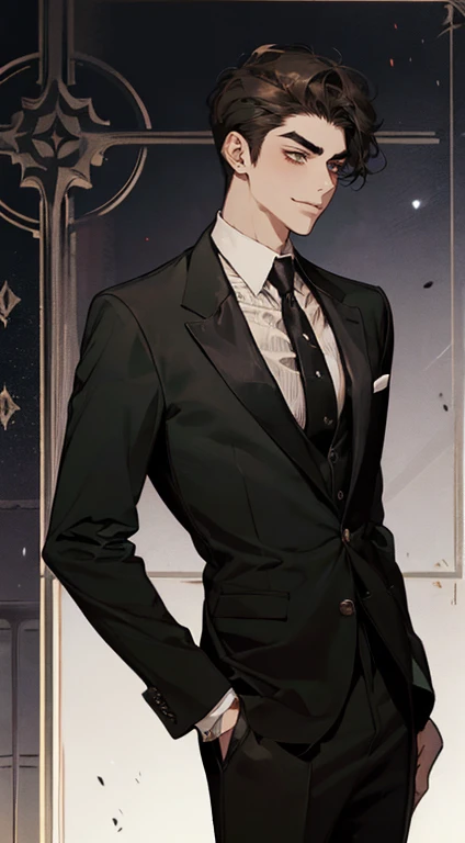 ((a young man in a black suit and tie)), taken in the early 2020s, gotham, alejandro, he looks very sophisticated, (((left side swept black short hair))), (dark green eyes and thick eyebrows), smirk. ((20 years old)), ((Black suite and black tie)), masterpiece, posture dynamic, one person, ((brown skin))