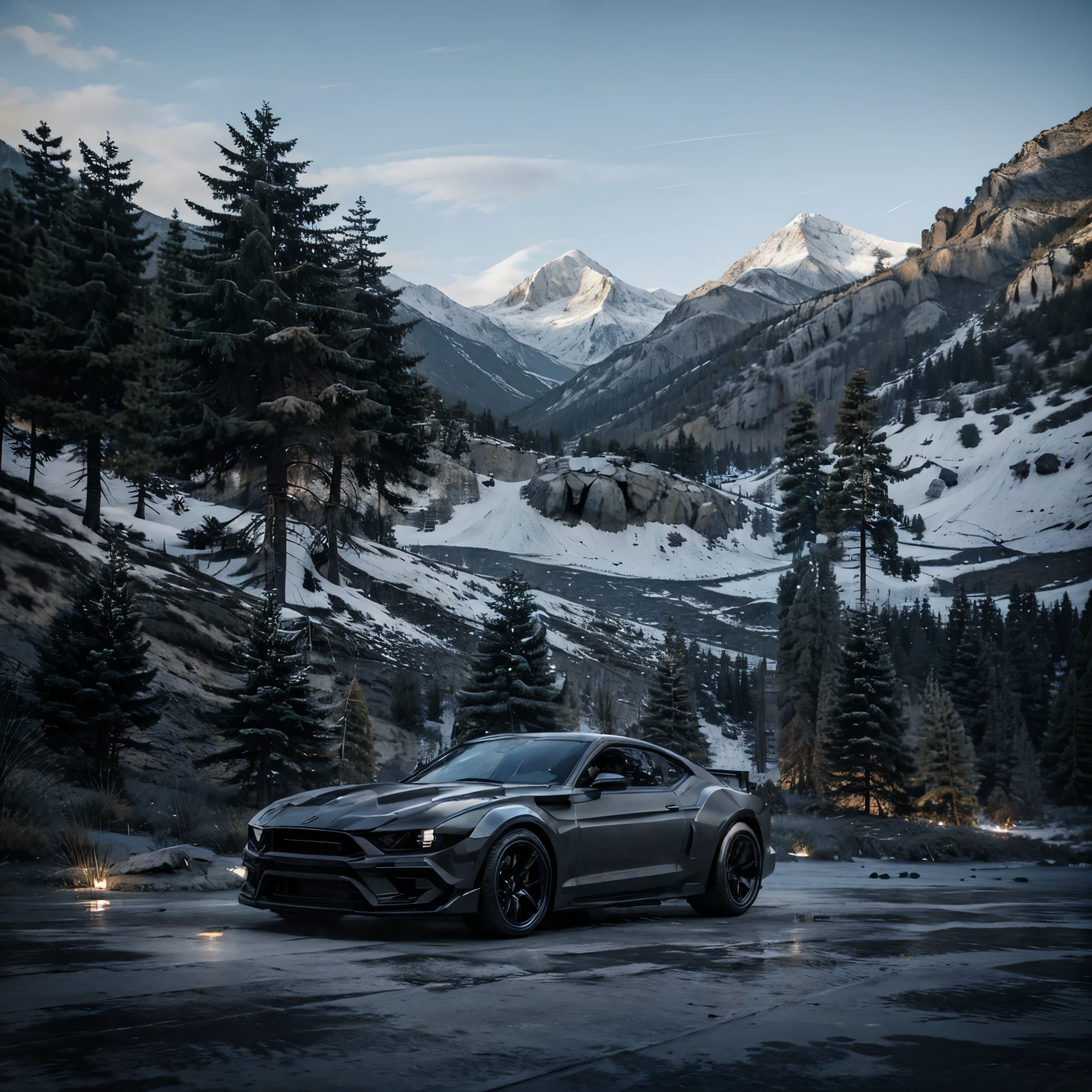 A well-detailed black car, on a concrete track, in a background environment with rocks and mountains covered in ice, blue sky with detailed clouds, car in motion, (just one car) HDR, ultra resolution, well defined, masterpiece, 8K HD