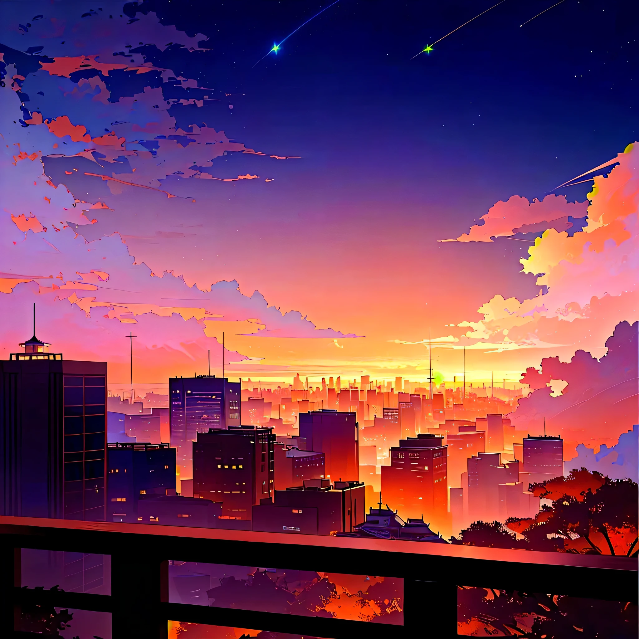 8K、detail、Fall day，Star（Sky），landscape，Starry Sky，Sunset，Night Sky，outdoor，architecture，Clouds，Galaxy，City，Silhouette，Cityscape ，Colorful，orange、fall ,Fall, ((Fall)). number, atmosphere. number,, Fall!, twilight ; number, Cityscape, fast, Fall , 远处的Cityscape, Sky