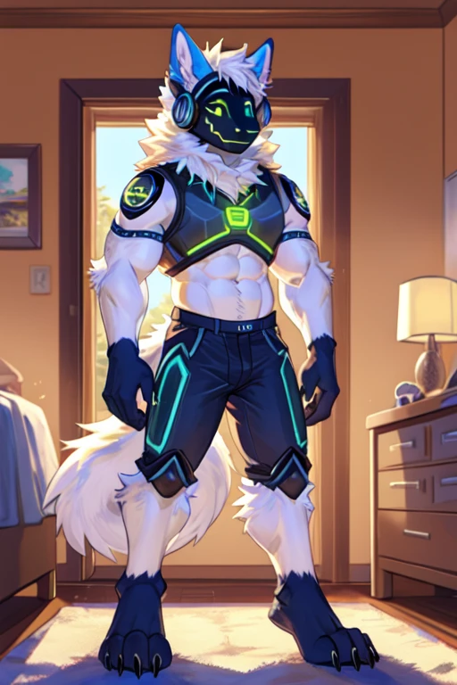 hi res,(protogen), anthro, 4 fingers, bright cyan eyes, male, hyper muscles, hyper muscular male, erect detailed gigantic dick, almost naked (only ultra tight underwear), VERY HUGE and VERY LONG detailed dick sticking out of the underwear, long tail, fluffy tail, white body, inside, solo, dark room, detailed background, by milkytiger1145, by takemoto arashi, by null-ghost, cold atmosphere, crazed expression