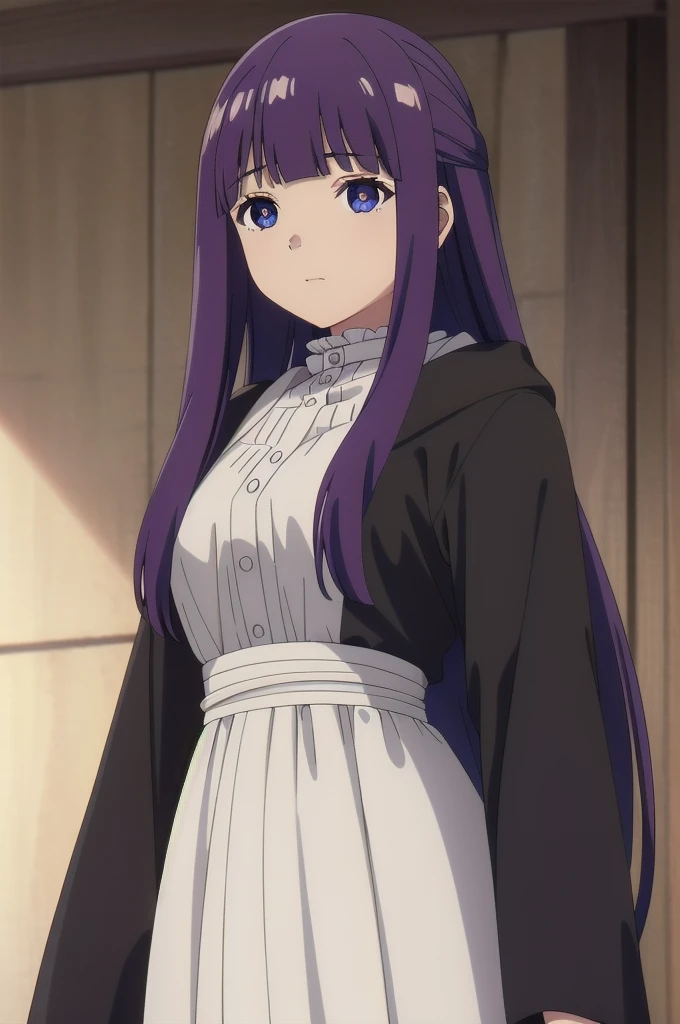 Is,One girl,alone,紫colorの髪,Long Hair,紫colorの目,Blunt bangs,Side Lock,Half Up,bright瞳,
hair ornaments,Ruffled collar,Black Robe,White Dress,Center frill,button,Wide sleeves,Long sleeve,curvy,Cowboy Shot,茶colorのコート,From the side,笑face,, great visuals, High resolution,masterpiece,Highest quality,, 20 years,young woman,beautiful指,beautiful長い脚,beautiful体,beautiful鼻,beautifulキャラクターデザイン, Perfect Eyes, perfect face,Expressive eyes,
View your viewers,
Official Art,Very detailed CG ユニティ 8k 壁紙, Perfect lighting,colorful, bright_front_face_Lighting,Shiny skin, 
(masterpiece:1.0),(Highest_quality:1.0), 超High resolution,4K,Very detailed,
photograph, 8k, High resolution, High resolution, Absurd:1.2, Kodak Portrait 400, Film Grain, Blurred Background, Bokeh:1.2, Lens flare, (Vibrant_color:1.2), (beautiful_face:1.5),(narrow_Waist), ,Browsing Caution,