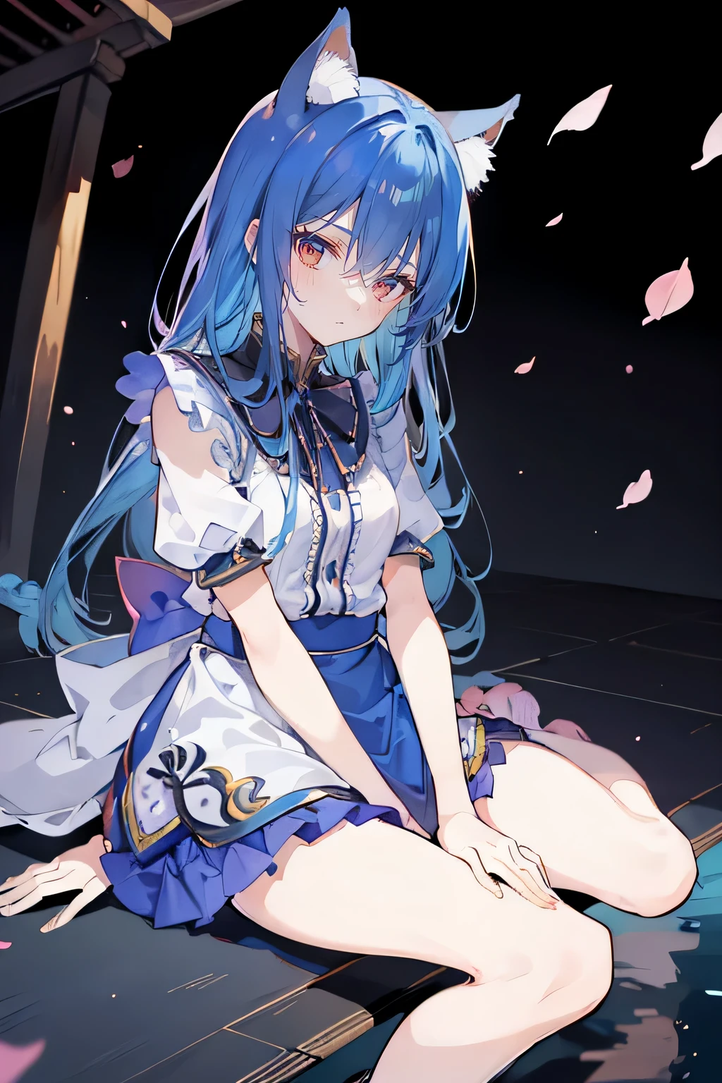 (masterpiece:1.2),ultra-detailed,realistic,expressive eyes,fair-skinned,perfectly shaped face,1girl,
Japanese cartoons,Gorgeous blue hair, flowing blue hair,floating clothes,cat ears,petals falling,beautiful Lola,Hina Angel,
hands on waist,gracefully sitting on the ground,legs crossed,gentle and serene background,cool and comfortable pavilion.