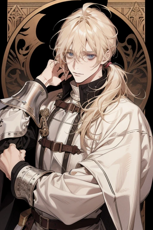 1 male, relaxed, messy blond hair with bangs in a low ponytail, white knight, beautiful, in a castle, medieval fantasy
