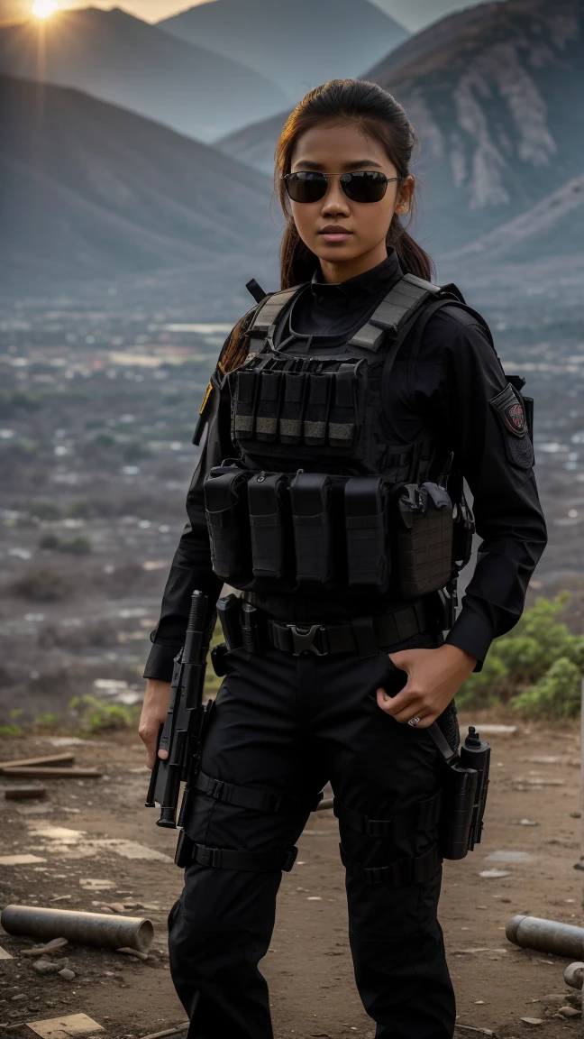 Picture taken with Sony A7RIV, realistic, 8K, Hi-Res picture, masterpiece, perfect shoot, detailed complicated background, Gorgeous twenty years old Indonesian girl, dark brown hair, busty, fair, slender, perfect modeling pose, ((wearing black tactical outfit paired with black s.w.a.t tactical vest loaded with arsenal)), ((carry nothing)), sun glasses, standing on abandoned and ruined city.