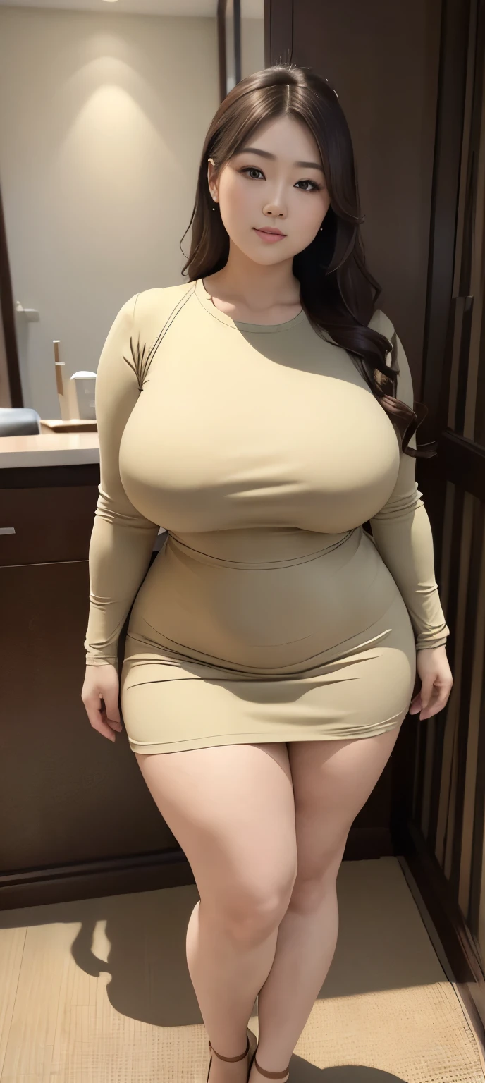 (Masterpiece,High Quality:1.3),(depth of field:1.3) ,((front body:1.35)),  Japanese ,Woman,chignon, Long Sleeve Round neck ,khaki T-shirt Maxi ((Tight)) Dress,(huge breasts:1.35),chubby,(looking at viewer:1.3),(full body:1.2), fat cheeks , alice ozawa, arisu ozawa