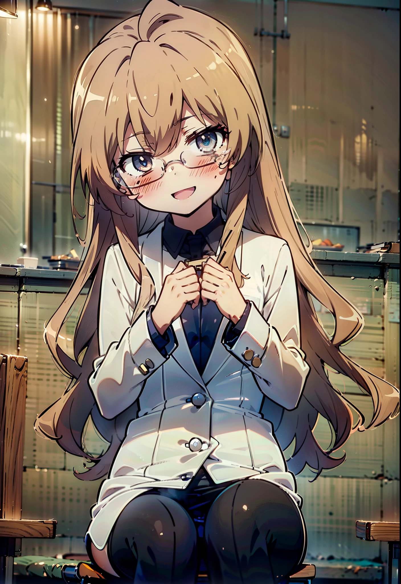  Aisaka Taiga,taiga aisaka,Long Hair, Brown Hair, Brown Eyes,(Flat Chest:1.2),happy smile, smile, Open your mouth,smile,blush,
OL, Akagi glasses, Black suit jacket, Collared jacket, White dress shirt, Collared shirt, Neckline, button, Black pencil skirt, Black Pantyhose,Stiletto heels,sit cross-legged on a chair,interior,There is a lot of food on the table,It&#39;s as if your whole body is in the illustration., 
break looking at viewer,
break indoors,Coffee shop, 
break (masterpiece:1.2), highest quality, High resolution, unity 8k wallpaper, (figure:0.8), (Detailed and beautiful eyes:1.6), Highly detailed face, Perfect lighting, Extremely detailed CG, (Perfect hands, Perfect Anatomy),