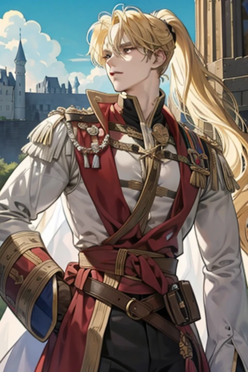 1 male, relaxed, messy blond hair with bangs in a low ponytail, white knight, beautiful, in a castle, medieval fantasy