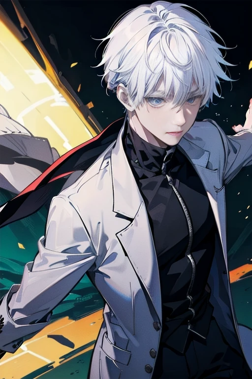 (absurderes, A high resolution, ultra - detailed, hdr), tmasterpiece, NSFW, Best quality, jujutsu kaisen, Satoru Gojo, Only 1 person in battle, goodlooking, short hair, whaite hair, ,White eyebrows,blue color eyes, Delicate eyes and delicate face, .Final Fantasy, Abs, badass posture, Anime boy with a sword in both hands, Anime pose fighting, Handsome anime, male anime character, Badass anime 8K, detailed anime character art, High density iconography review anime concept anime McManus, Anime boys, ikuto yamashita, Anime CG soft art