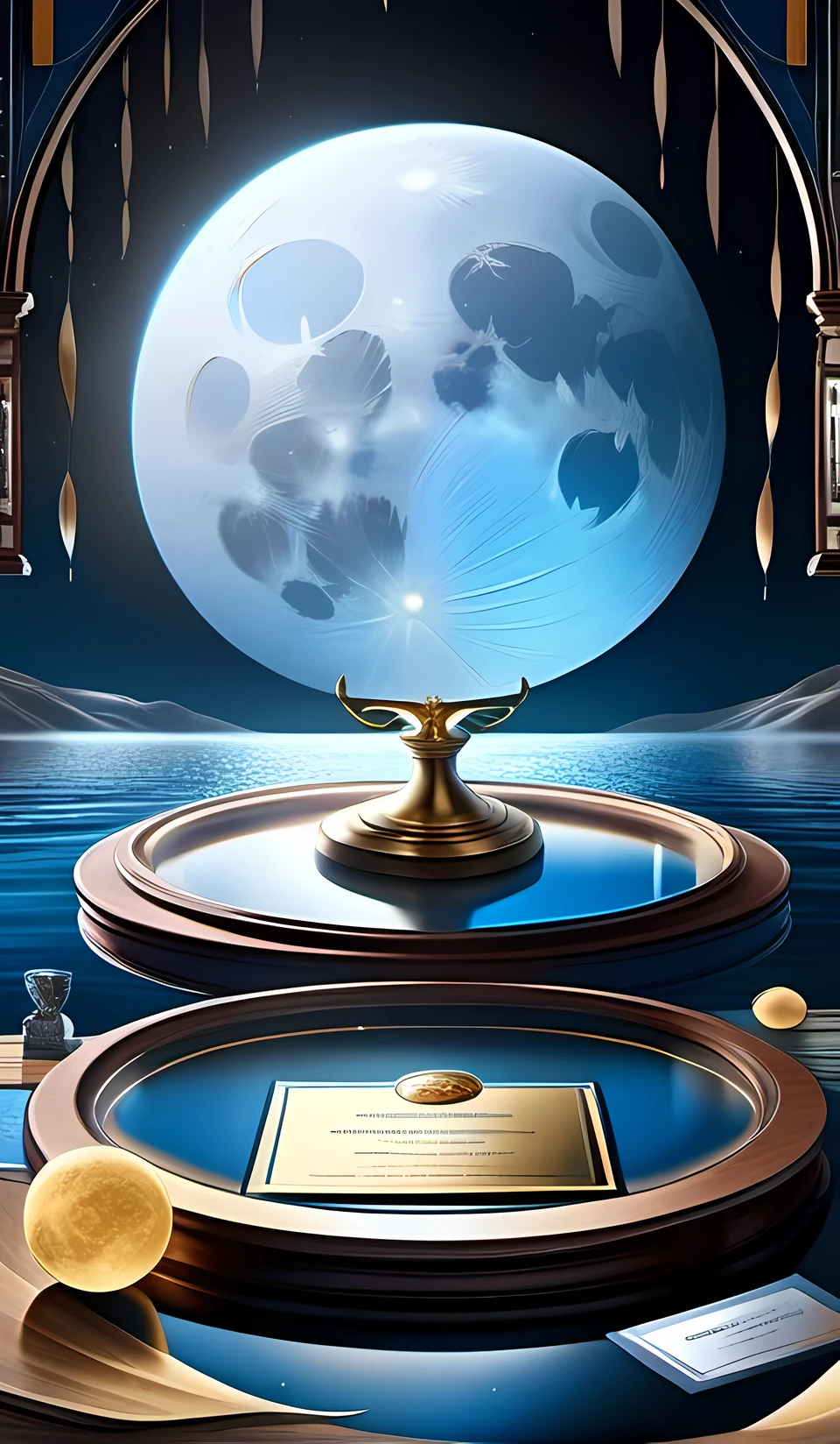 The blue big moon on the lake at midnight, still life, silent, illusory scene, pure water, fantasy, ((masterpiece, best quality, ultra-detailed, an extremely delicate and beautiful)), ((photorealism, hyperrealism)), ((extremely detailed CG unity 8k wallpaper)), ((award winning, ccurate, UHD, textured skin, chromatic aberration, perfect anatomy, golden ratio)), (exquisite attention to detail), ((perfect_composition, perfect_design, perfect_layout, perfect_detail, ultra_detailed)), ((aesthetic harmony)), ((aesthetic style))