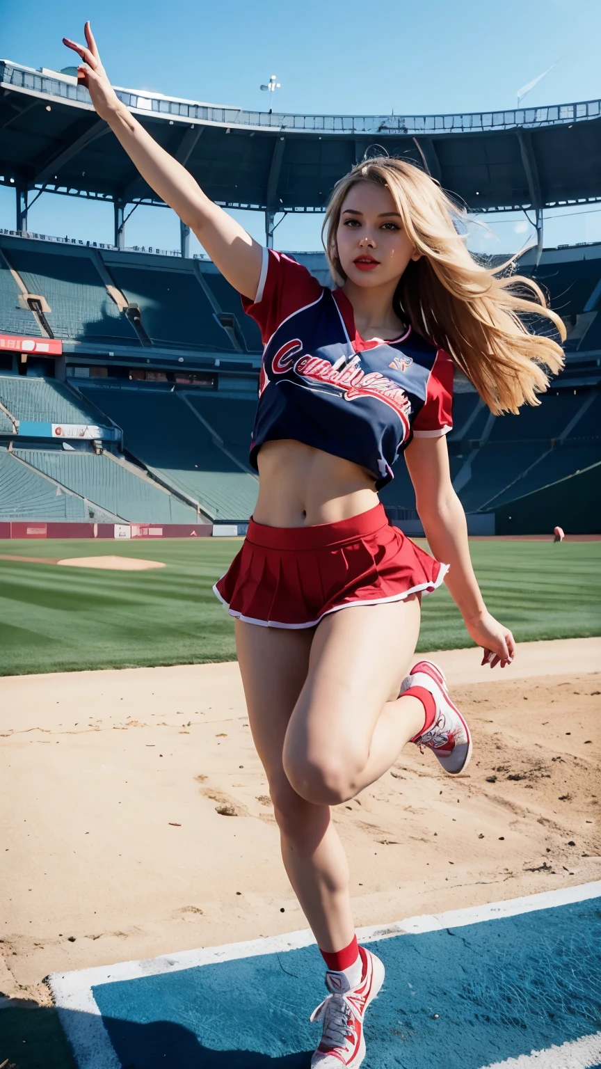 Beautiful girl,  makeup, Red lips, medium body, medium chest, femoral, baseball cheerleader outfit, jumping position, stadium landscape, blonde hair, blue eyes, europian girl.
