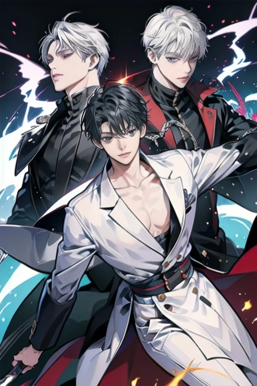 (absurderes, A high resolution, ultra - detailed, hdr), tmasterpiece, NSFW, Best quality, jujutsu kaisen, Satoru Gojo, Only 1 person in battle, goodlooking, short  hair, whaite hair, ，White eyebrows，blue color eyes, Delicate eyes and delicate face, .Final Fantasy, Abs, badass posture, Anime boy with a sword in both hands, Anime pose fighting, Handsome anime, male anime character, Badass anime 8K, detailed anime character art, High density iconography review anime concept anime McManus, Anime boys, ikuto yamashita, Anime CG soft art