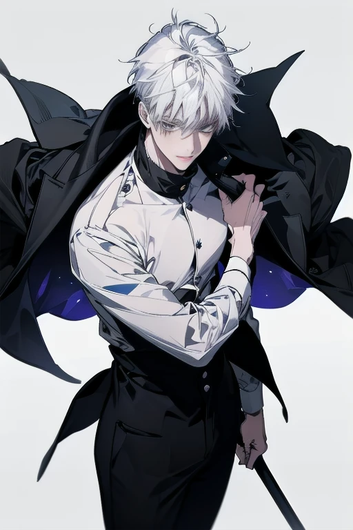 (absurderes, A high resolution, ultra - detailed, hdr), tmasterpiece, NSFW, Best quality, jujutsu kaisen, Satoru Gojo, Only 1 person in battle, goodlooking, short  hair, whaite hair, ，White eyebrows，blue color eyes, Delicate eyes and delicate face, .Final Fantasy, Abs, badass posture, Anime boy with a sword in both hands, Anime pose fighting, Handsome anime, male anime character, Badass anime 8K, detailed anime character art, High density iconography review anime concept anime McManus, Anime boys, ikuto yamashita, Anime CG soft art