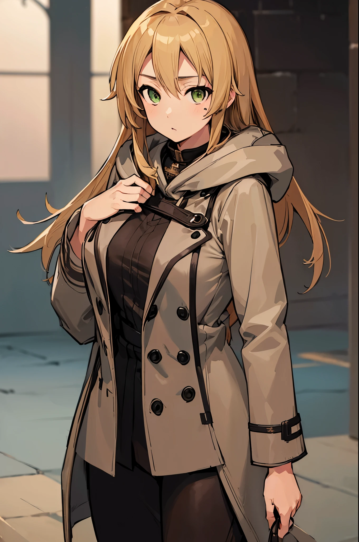(masterpiece, best quality:1.2), expressive eyes, perfect face, highres, 1girl, solo, (female:1.5),rudeus_greyrat, green eyes, blonde hair, long hair, brown coat, hood, brown pants, medium breastt, standing, upper body, looking at the viewer