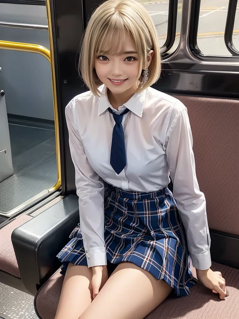 highest quality、masterpiece、High school girl、((1 girl))、((She is sitting on a train chair with her legs wide open))、((Photographed from the front))、(((The skirt is rolling up)))、(((White and blue striped panties are visible)))、((Blonde short bob hair))、Asymmetrical bangs、((White blouse))、(Red ribbon tie)、((Checkered micro mini pleated skirt))、(Thin thighs)、Watching the audience、A happy-looking smile