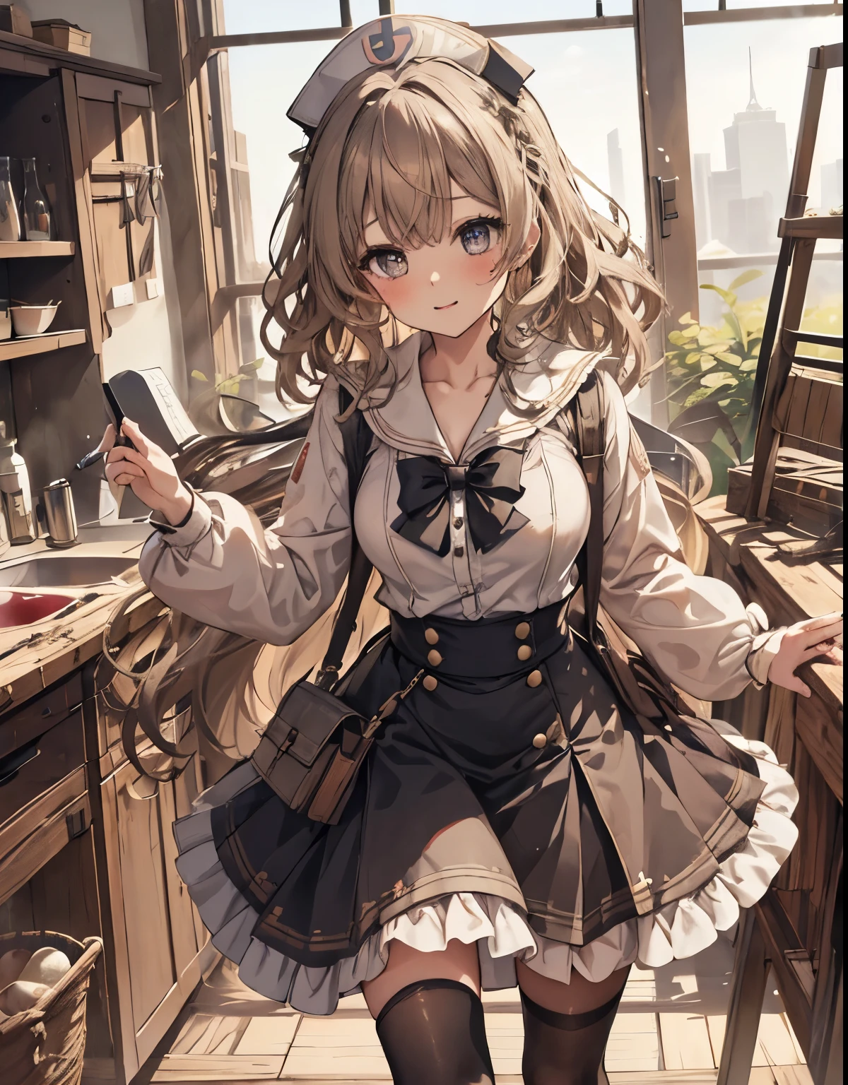 masterpiece, 1girl, sparrow, a light brown haired girl, wearing a sailor clothes, curly medium hair, messy hair, slim body, he close her left eye, shirt ornament, ruby eyes, ahoge, , bige breast, beautiful breasts, rounded breasts, long sleeves, beautiful eyes, white stocking, droopy eyes, skirt, black skirt, plaid skirt, her age is 19 years old, ricefield, bowtie, sailor collar, flared skirt, tight shirt, skirt, nagisa_bluearchive, lovely face, medium hair, lovely smile, curly hair, nurse cap