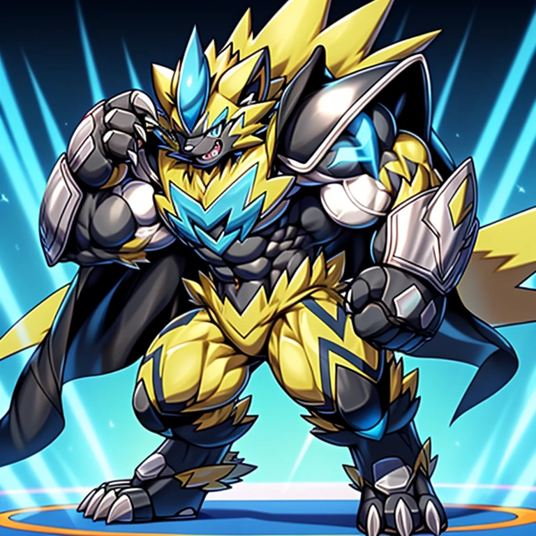 male, (Pokémon) Zeraora's giant robot. big muscle. GIANT. pecs, triceps, traps, waist narrow. body full of huge muscles. He wears a black cloak on his back. The cloak is so long that it touches the ground, The claws are sharp, Sharp teeth, Protecting Zeraora's design and color scheme. Wearing cyberpunk mecha, Its full plate armor emphasizes the muscles. He wears the same armor as himself from head to foot. unusually developed muscular body, (Pokémon) A Zeraora at the bodybuilding competition, massive, huge muscular bodybuilder with extraordinary biceps, pecs, triceps, traps, gigachad, 300 lbs. The claws are sharp, Sharp teeth,