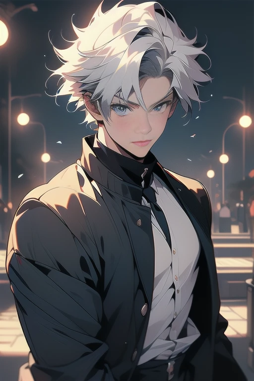 (absurderes, A high resolution, ultra - detailed, hdr), tmasterpiece, NSFW, Best quality, jujutsu kaisen, Satoru Gojo, Only 1 person in battle, goodlooking, short hair, whaite hair, ,White eyebrows,blue color eyes, Delicate eyes and delicate face, .Final Fantasy, Abs, badass posture, Anime boy with a sword in both hands, Anime pose fighting, Handsome anime, male anime character, Badass anime 8K, detailed anime character art, High density iconography review anime concept anime McManus, Anime boys, ikuto yamashita, Anime CG soft art