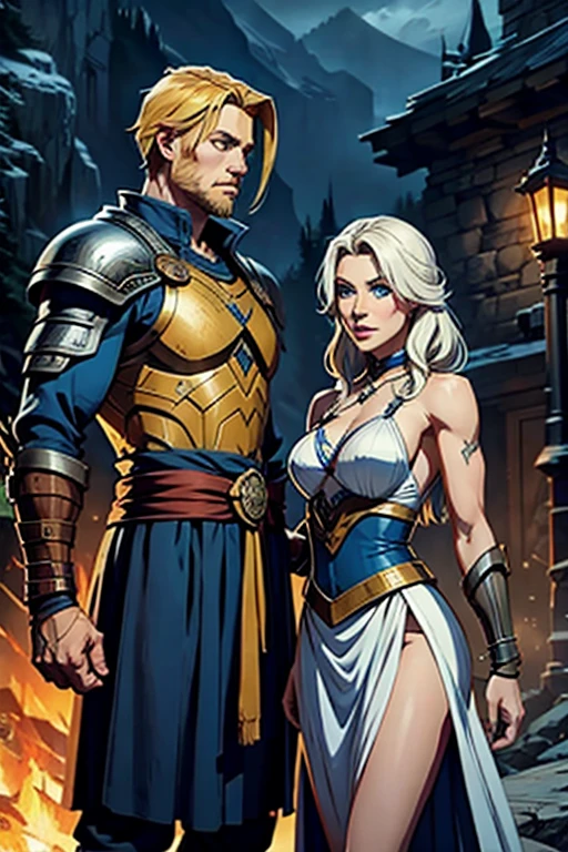 Two Norse Warriors( um homem e uma mulher) homem; nos vinte anos de idade, cabelos brancos e olhos azuis, Left hand with blue dagger.