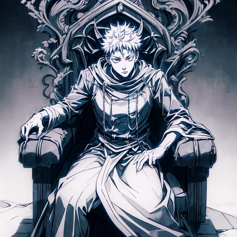 Yuji Itadori from the anime Jujutsu Kaisen sitting on a throne, with one hand raised and looking down
(realistic, highres, masterpiece:1.2), (physically-based rendering, studio lighting), (detailed facial features), intense gaze, confident posture, (dark and eerie atmosphere), (supernatural elements), (ominous and dramatic lighting), (vibrant colors), (haunting and surreal), (mysterious aura), (sharp focus), (anime-inspired), (ominous eyes), (intricate throne design), (dynamic and flowing clothes), (ethereal background), (powerful and commanding presence), (magical artifacts), (intricate details), (dark and foreboding), (ominous and intense mood), (mystical symbols), (foreboding shadows), (majestic and imposing), (attention to costume details), (ominous and otherworldly), (dark and mystical), (rich texture), (dramatic and captivating), (cinematic composition), (epic undertones), (atmospheric lighting), (intricate patterns), (intense color contrast).