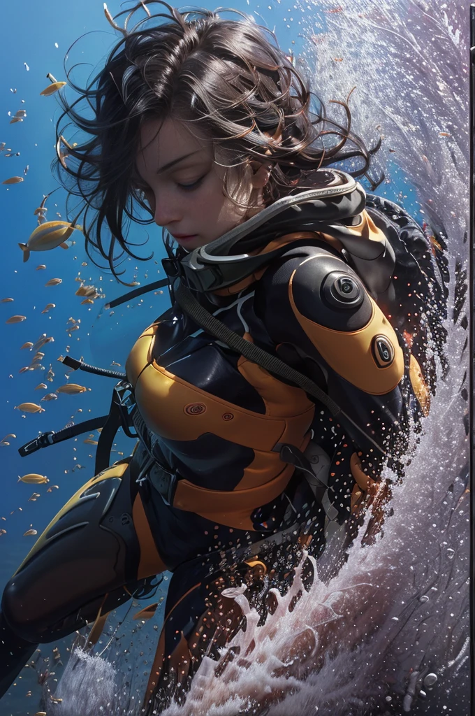 (best quality, masterfully painted:1.2), hyper-detailed, professional scuba diver with goggles and diving gear, masterpiece, numerous bubbles, distorted reflection of the sun, underwater motion, fishes, coral, many bubbles, 32k, ((general shot :1.6)), Unreal Engine:1.4, Ultra-realistic, photorealistic CG K:1.4, Skin texture:1.4,