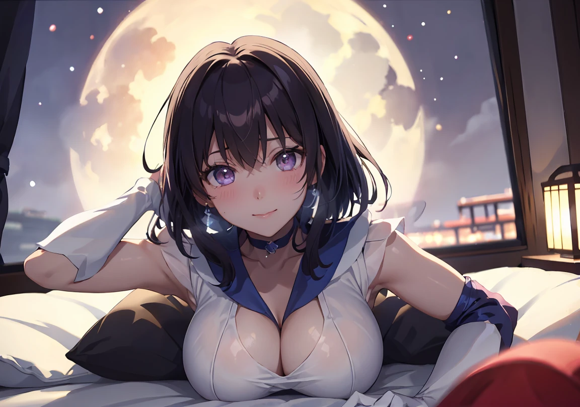 master piece,best quality,ultra detailed,8k,
ambient light,realistic skin,glossy skin,cute,
（sailor_saturn）、Lying on a fluffy futon、
（dynamic pose：1.3）、（the body is very wet：1.5）、Glossy lips、Slightly emphasize the lower lip、blush、smile、emphasizing the cleavage、
Fantastic night sky、full moon、Aurora、horizon、Open-air bath、Japanese Inn Futon