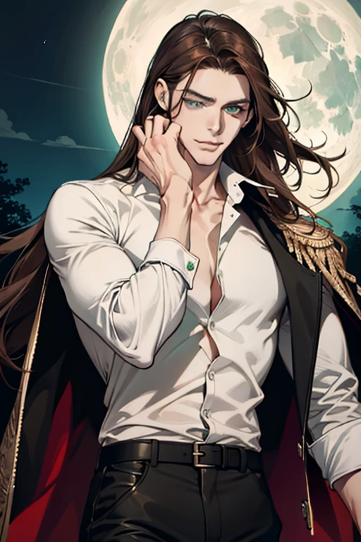 (absurdres, highres, ultra detailed), 1man, 30 years old man, adult man, handsome, tall,, finely detailed eyes and detailed face, leather pants, (((white shirt))), night, smile, dutch angle, ((long hair, brown hair)), moon, gold details, gothic, dark, simple clothes, looking at the view, pale skin, green detailed eyes, (masculine), sexy, elegant, long bangs, detailed hands, (((green eyes))), muscles, masculine