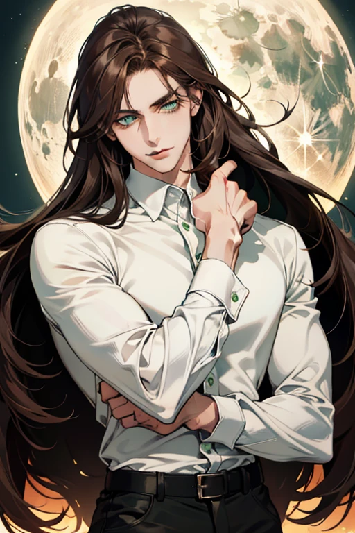 (absurdres, highres, ultra detailed), 1man, 30 years old man, adult man, handsome, tall,, finely detailed eyes and detailed face, leather pants, (((white shirt))), night, smile, dutch angle, ((long hair, brown hair)), moon, gold details, gothic, dark, simple clothes, looking at the view, pale skin, green detailed eyes, (masculine), sexy, elegant, long bangs, detailed hands, (((green eyes))), muscles, masculine