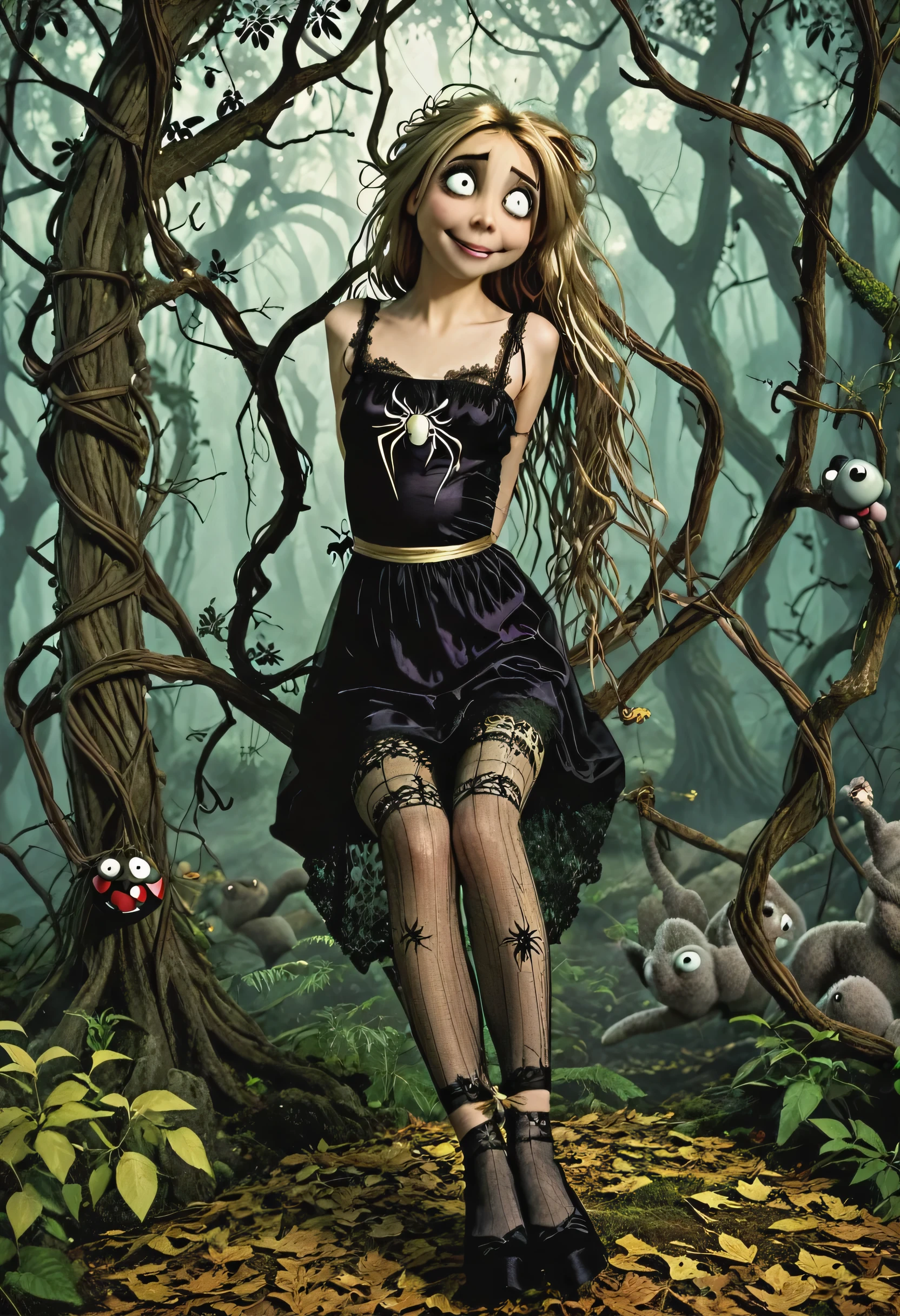 Una joven, ASsuna, With her big anime eyes and long, tangled hair, she smiles melancholy while hanging upside down from a tree and wearing a small black lace dress., showing long mesh stockings with spider shapes in gortic style. In a dark forest among strange stuffed animals in the style of Tim Burton.
