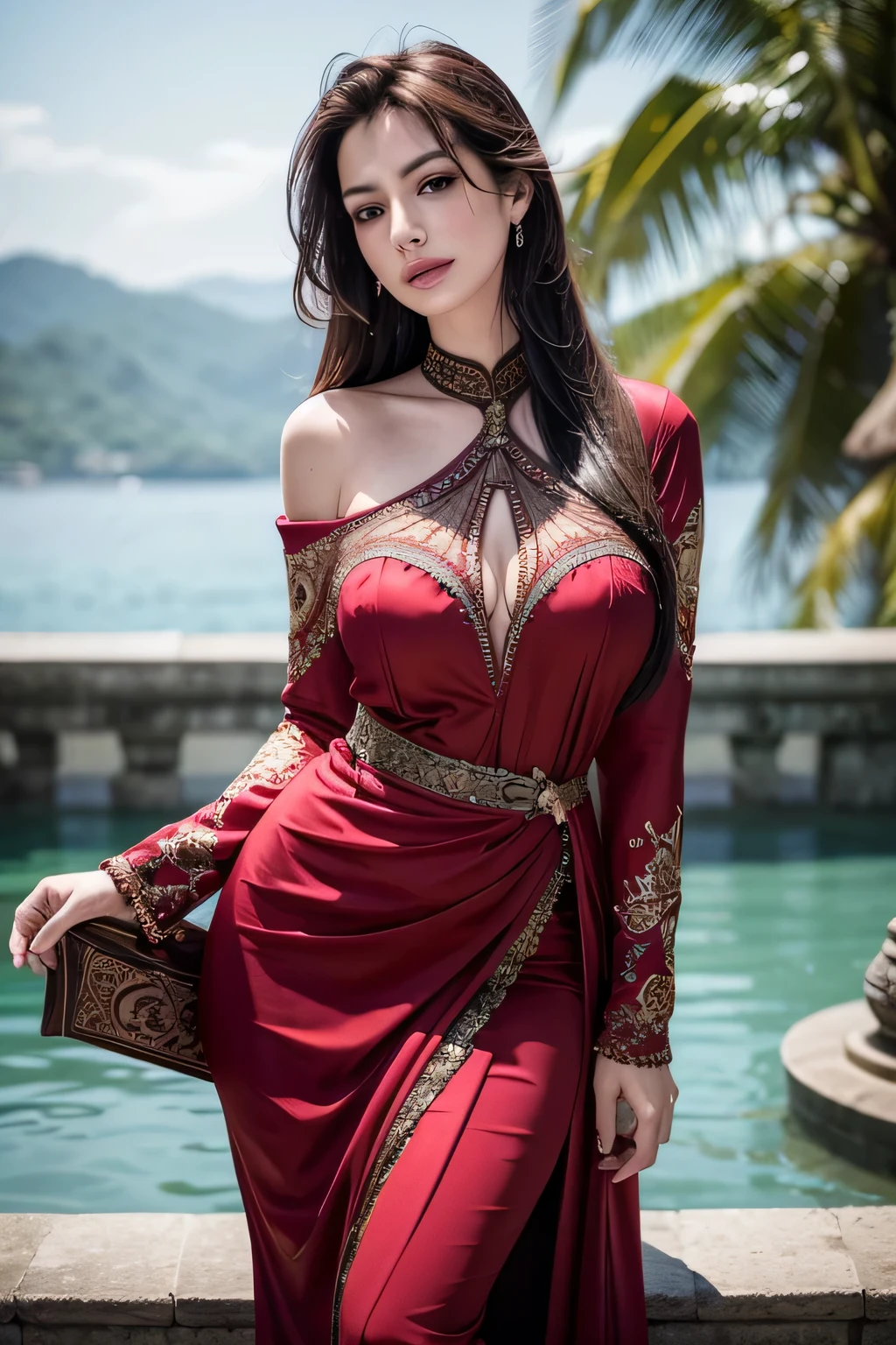 masterpiece, ultra realistic,32k,intricate details, sharp focus, realistic, closed, seductive pose, black eyes, jewelr, lips, realistic, looking_at_viewer, wet skin, shiny skin, long sleeves, indonesian clothes, bali, Anne Hathaway, cityscape, dynamic pose, red kebaya,full body,busty body,curvy body,long hair,beauty face,cowboy shot