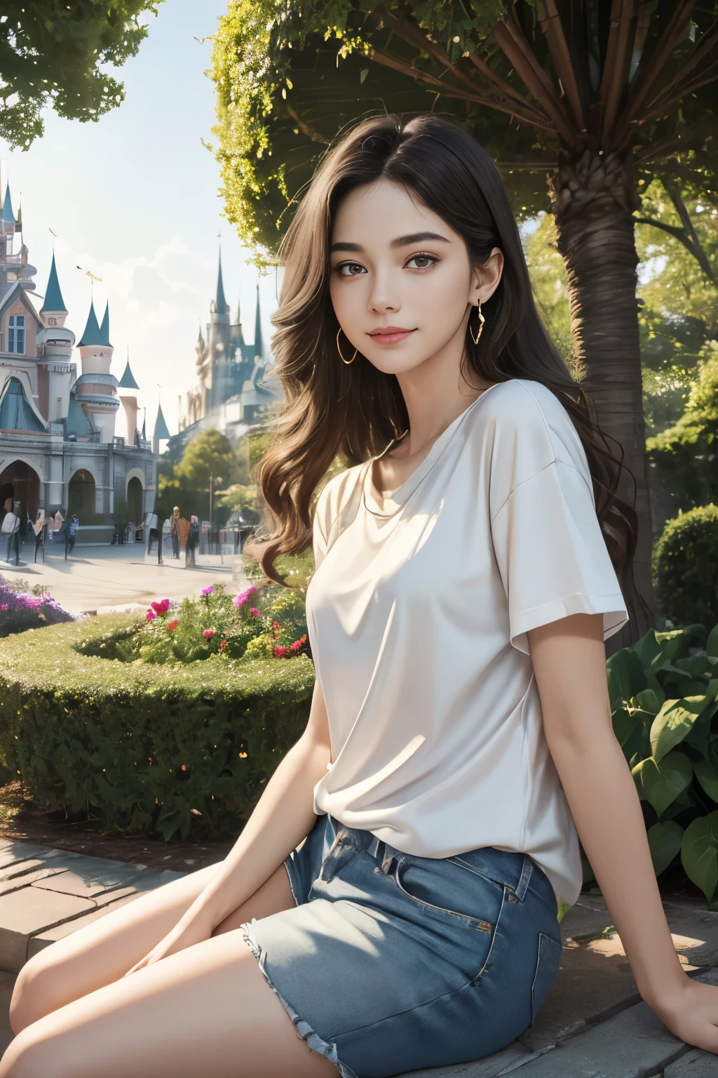(highest quality,masterpiece,Ultra-high resolution,Hyperrealistic:1.5,16k raw photos:1.5)、(Genuine: 1.4),Original photo、(Evening City)、1 girl,Iris,Looking at the audience,Laugh happily,Charming smile,Long Hair,Silky beautiful hair,light makeup,lips,Small ears,White T-shirt,Denim shorts,Earrings,Slim golden ratio body,Neat、Anatomically accurate depiction、garden,Theme park、