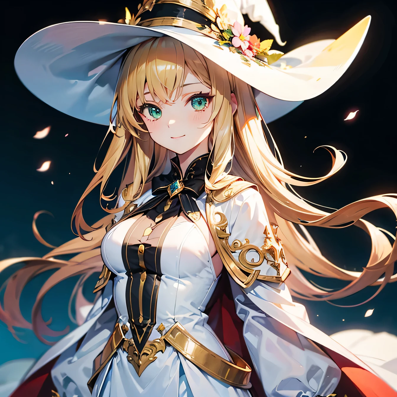 Anime Moe Art Style,highest quality,High resolution,Anatomically correct,One Woman,Adult woman in her twenties,Blonde long hair,Straight Hair,Her hair is straight down,Green Eyes,Super detailed,witch,White hat with gold trim,White cloak with gold trim,Red lining,Long dress,Medium sized breasts,A gentle smile,A rich expression,Eyes drawn in detail,Holding a magician&#39;s long wand,prairie,8K