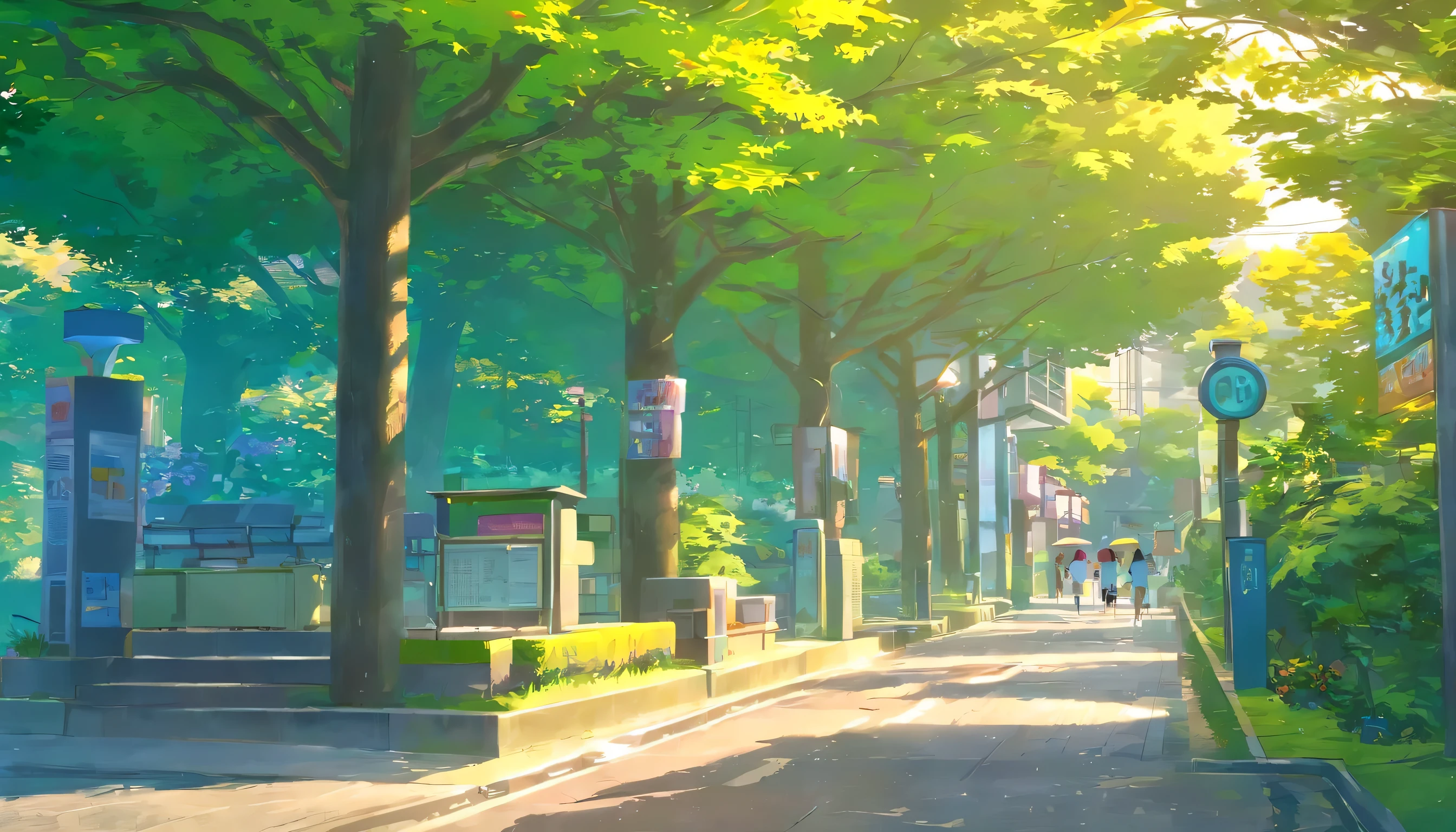 Beautiful Japanese street, camera focus on kiosk, grass and trees look great, although not in abundance,