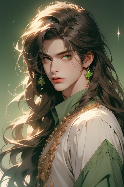 (absurdres, highres, ultra detailed), 1man, 30 years old man, adult man, handsome, tall,, finely detailed eyes and detailed face, leather pants, (((white shirt))), night, smile, dutch angle, ((long hair, brown hair)), moon, gold details, gothic, dark, simple clothes, looking at the view, pale skin, green detailed eyes, (masculine), sexy, elegant, long bangs, detailed hands, (((green eyes))), muscles, masculine